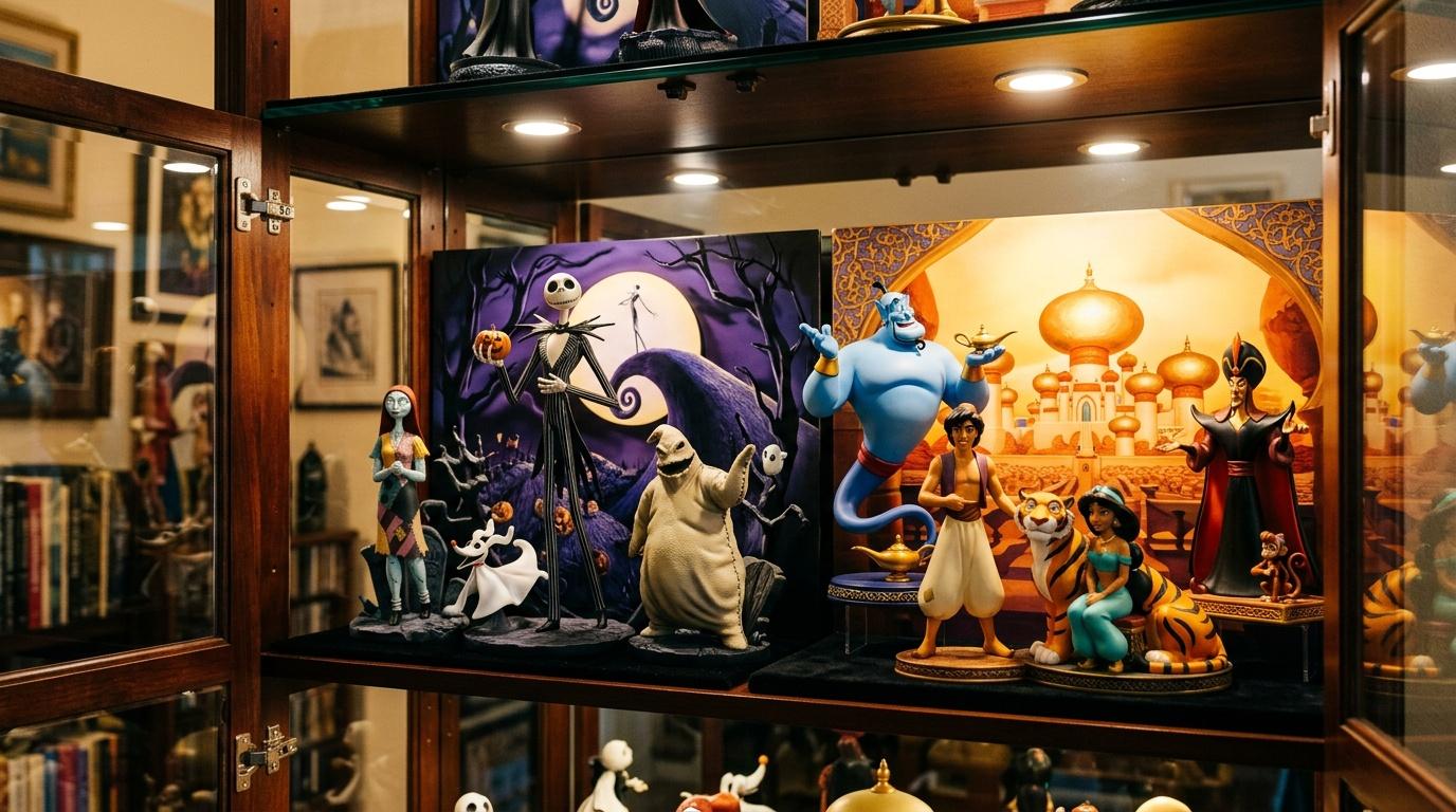 Figurines Disney expos&eacute;es : Jack Skellington et G&eacute;nie bleu dans vitrines.