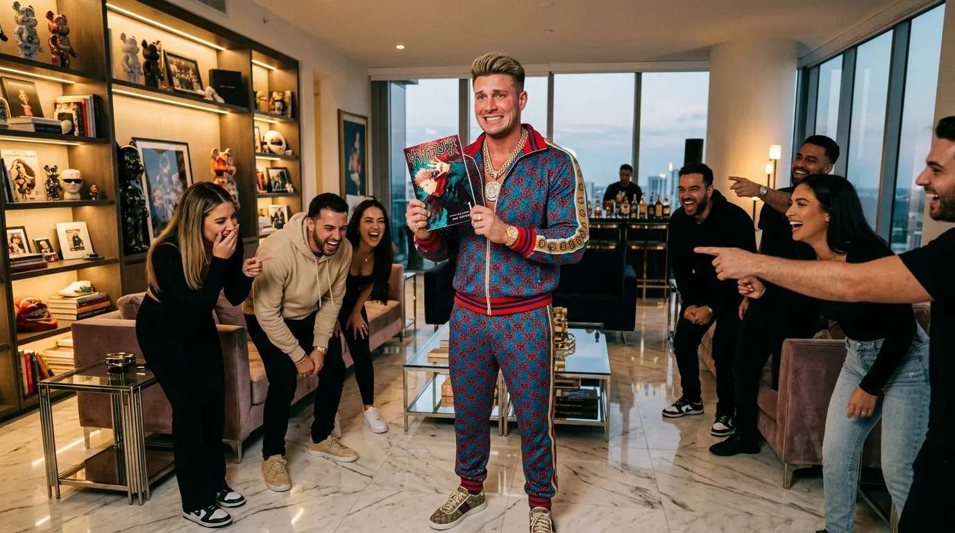 Homme en costume coloré montre album entouré d'amis riant