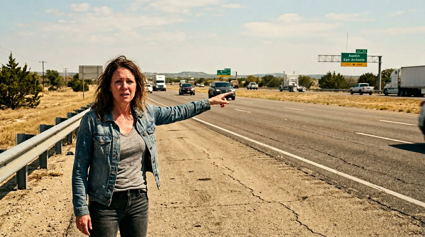 Femme pointant du doigt sur une autoroute du Texas