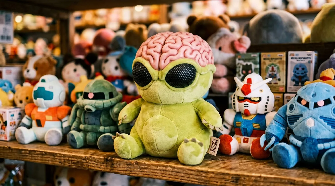 Peluche alien verte avec cerveau rose exposée en magasin jouets