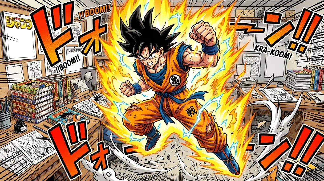 Goku en transformation énergétique dans un bureau de mangaka