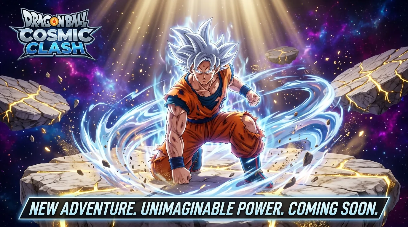 Goku en transformation Ultra Instinct avec aura bleue cosmique