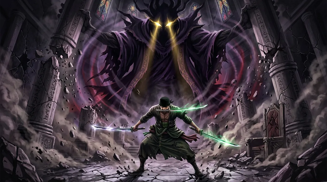 Guerrier en vert combat créature ailée lumineuse dans ruines