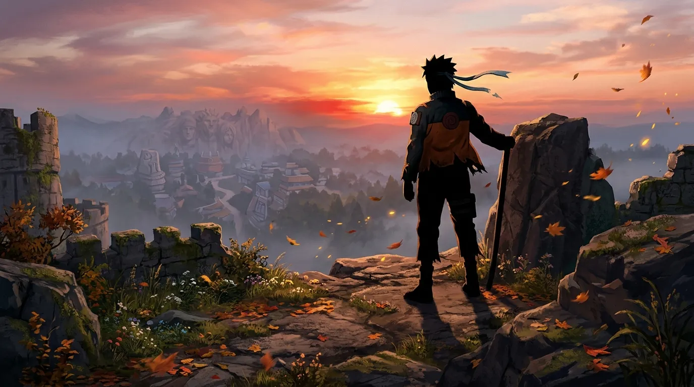 Shinobi silhouetté face à un paysage montagneux au coucher soleil