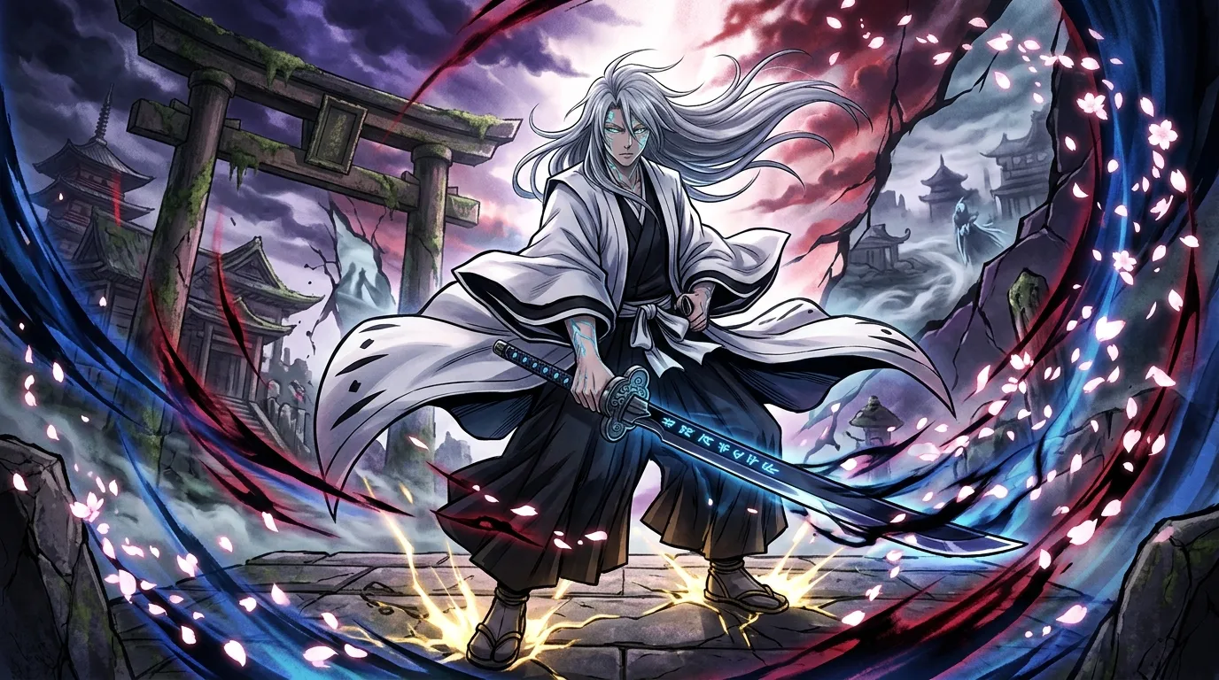 Personnage anime avec cheveux blancs tenant une épée bleue brillante