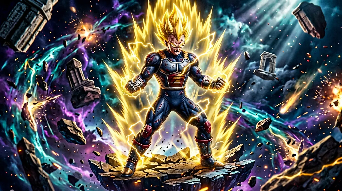 Personnage anime avec cheveux blonds en transformation énergétique explosive