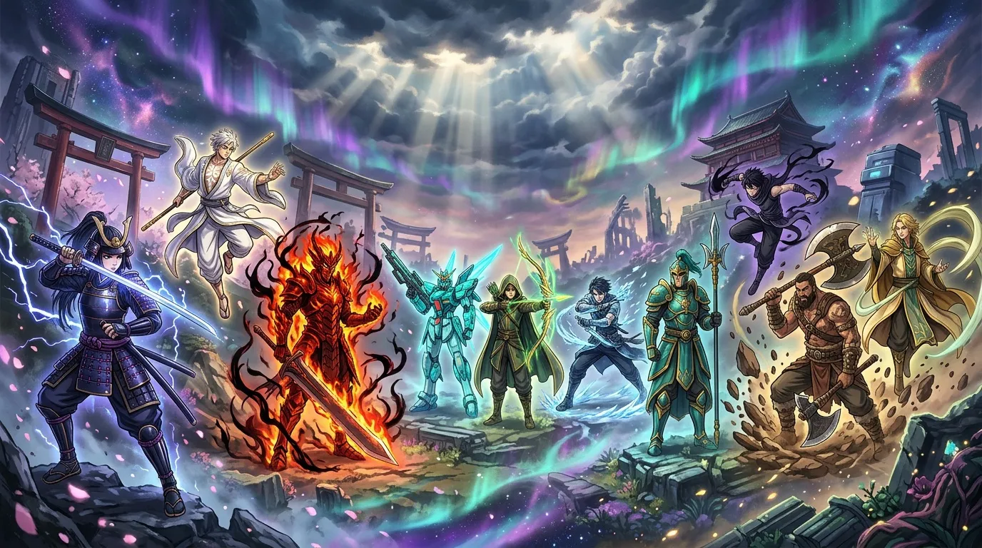 Groupe de guerriers magiques avec pouvoirs élémentaires affrontant créatures sous aurore boréale