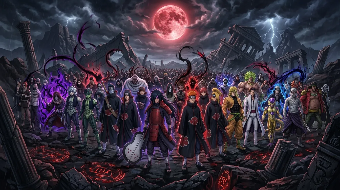 Groupe de personnages malveillants sous une lune rouge écarlate