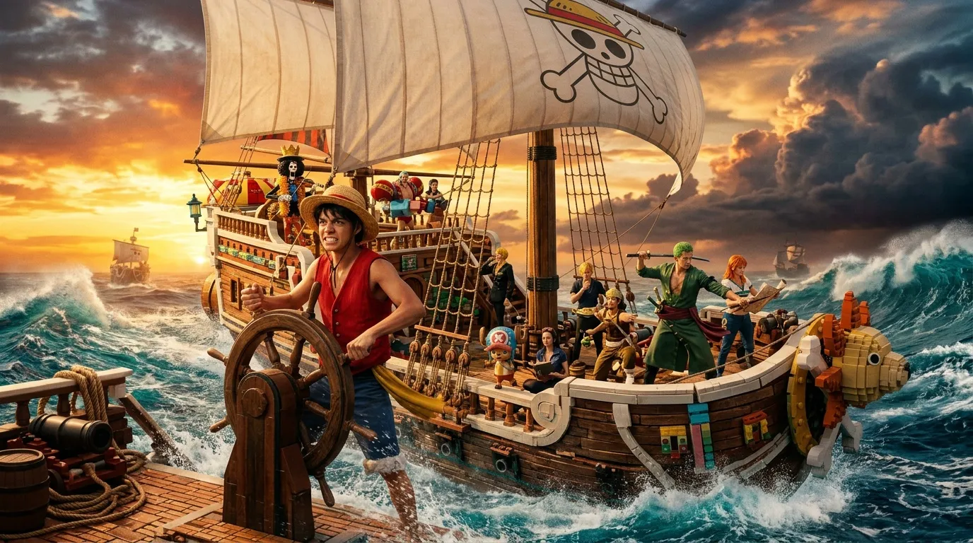 Navire pirate avec équipage naviguant sur des vagues tumultueuses