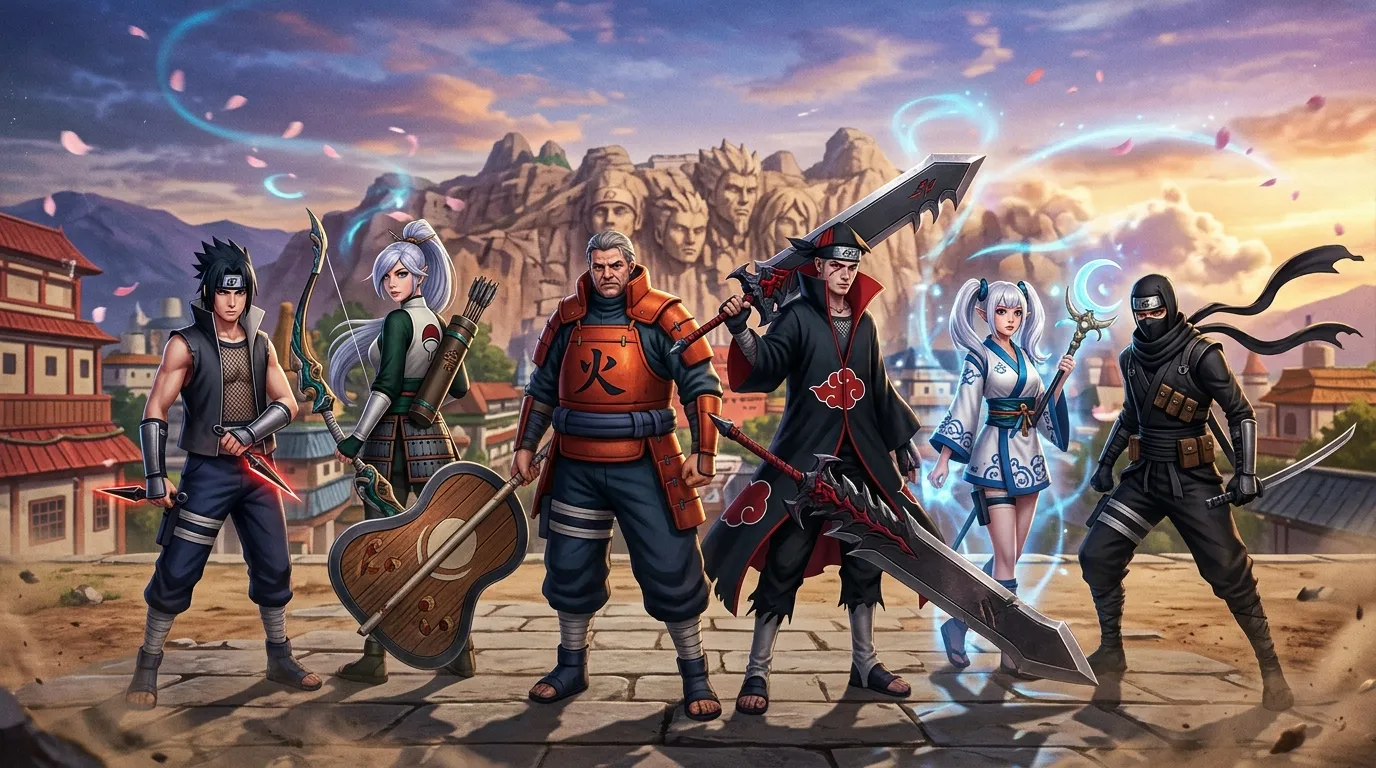 Six guerriers ninja stylisés alignés dans un paysage montagneux asiatique.