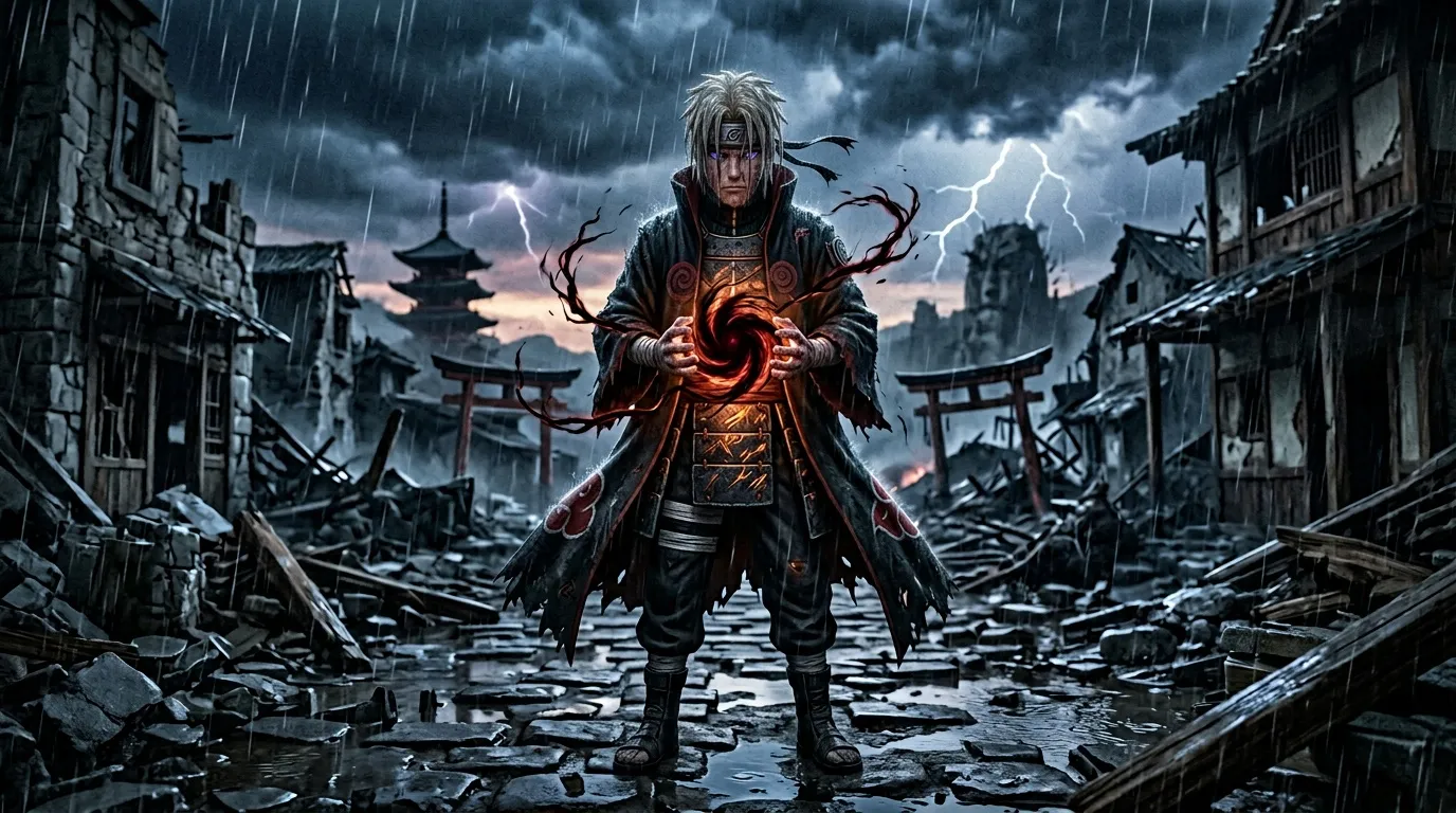 Shinobi aux cheveux blancs maîtrisant l'énergie rouge dans ruines