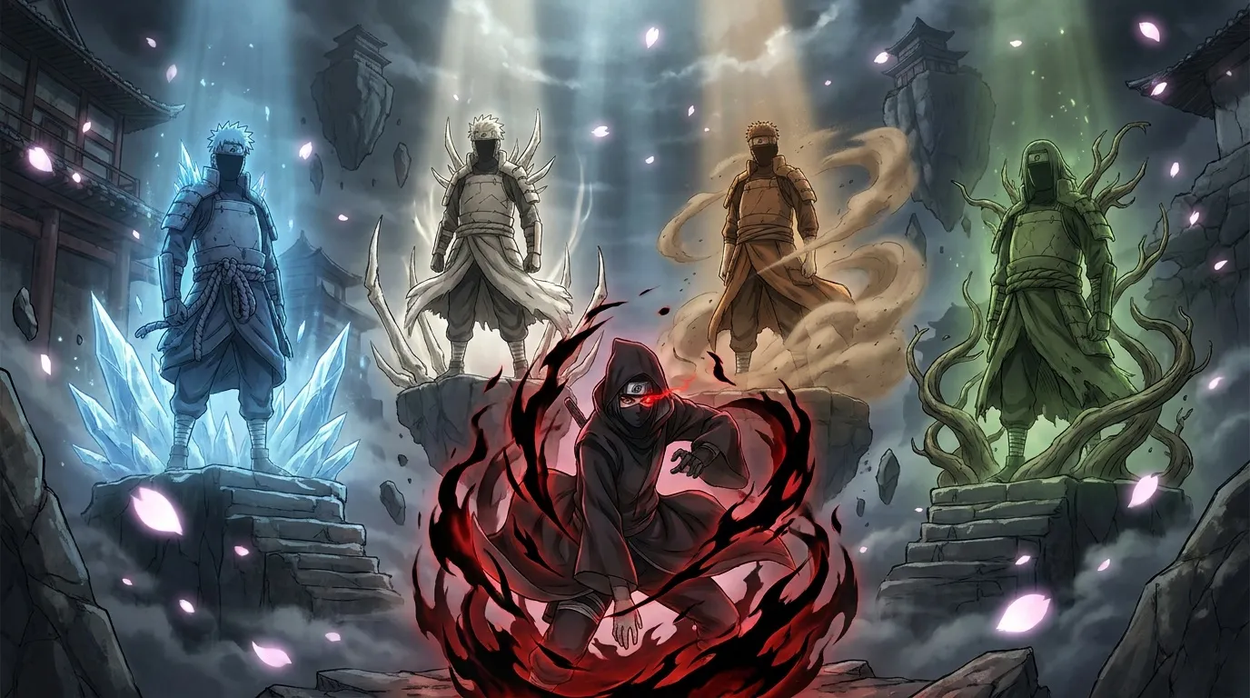 Cinq guerriers shinobi puissants avec auras élémentaires colorées