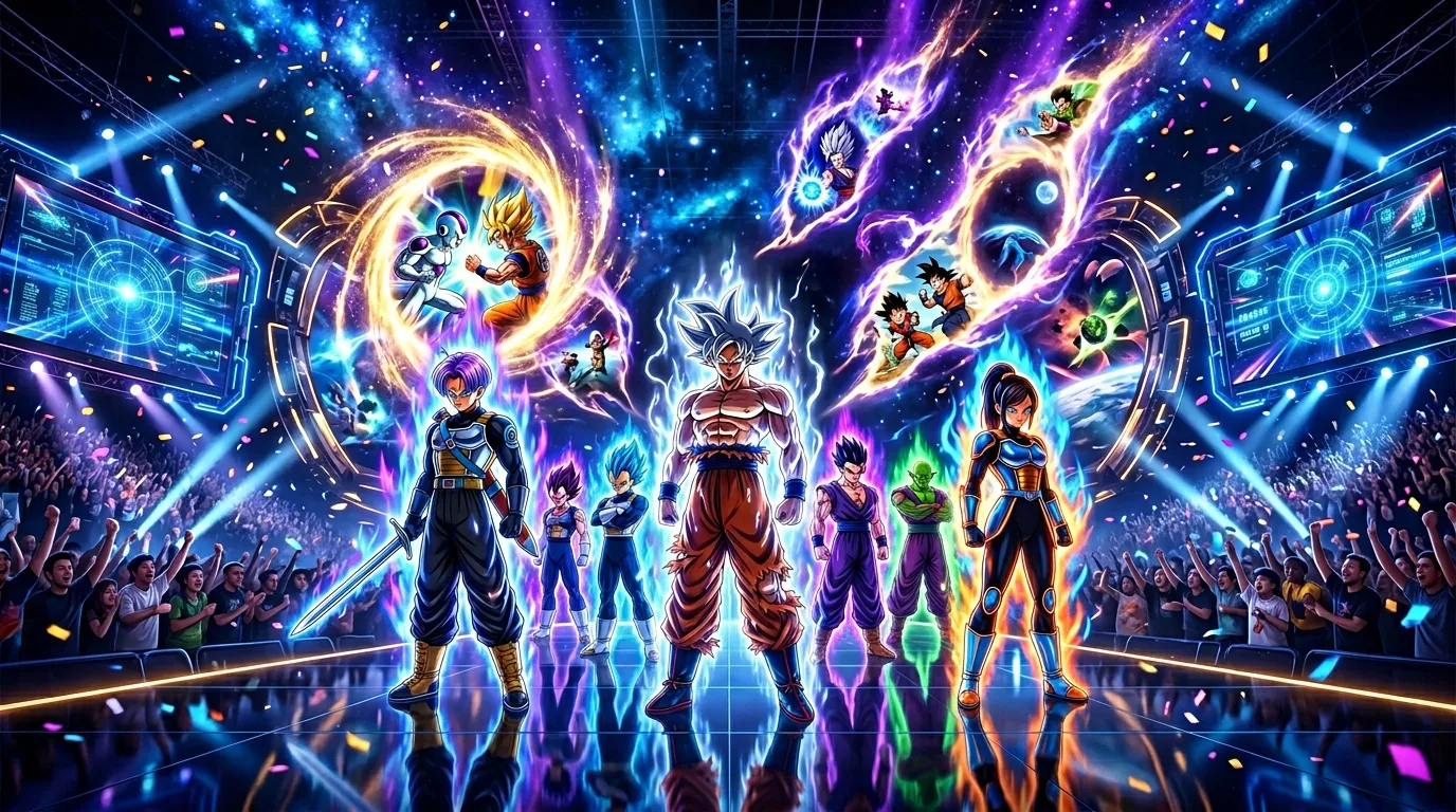 Guerriers surpuissants entourés d'énergie brillante et colorée