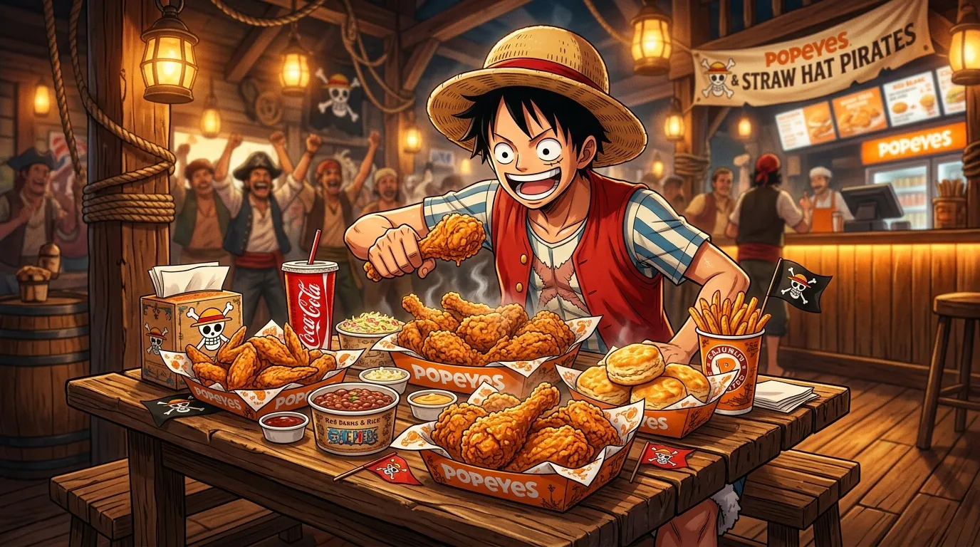 Personnage anime dégustant poulet frit Popeyes dans taverne pirate