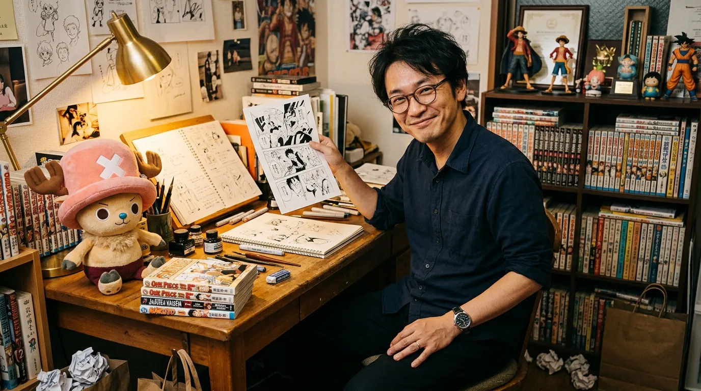 Artiste manga montrant ses dessins dans son atelier