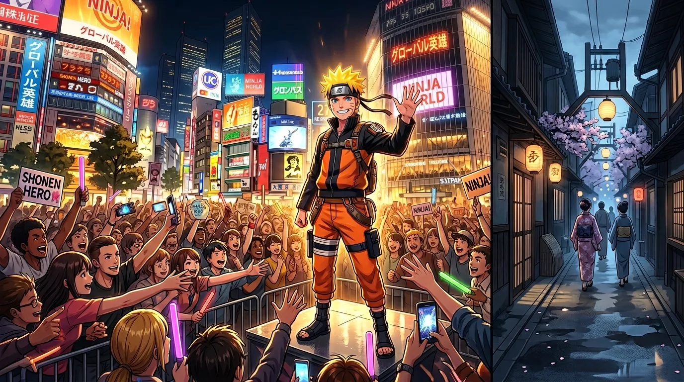 Naruto sur estrade acclamé par foule urbaine illuminée