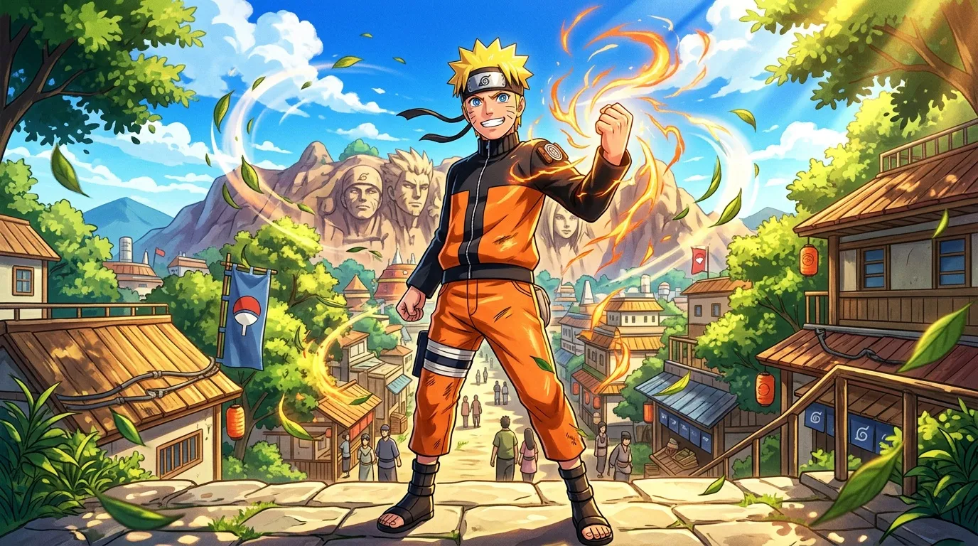 Naruto en tenue orange pose victorieusement devant le village