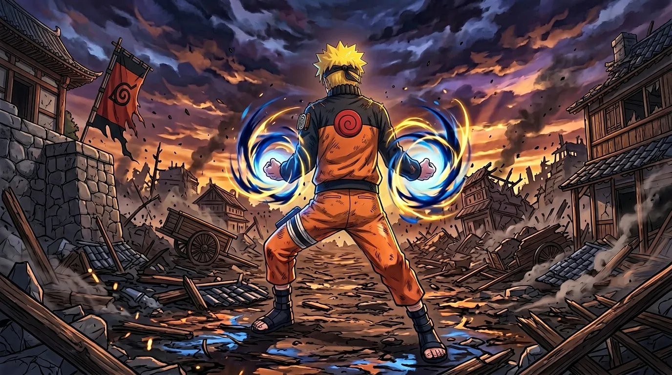 Ninja blond aux chakras bleus brillants dans ruines