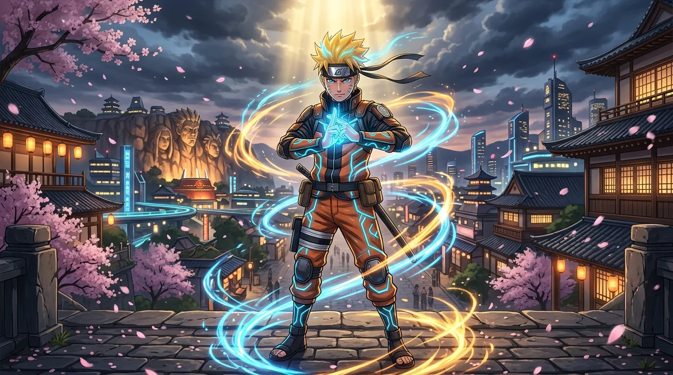 Guerrier ninja aux pouvoirs électriques bleus et or