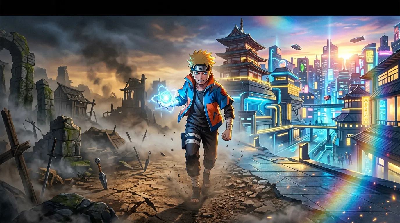 Ninja blond courant entre ruines et ville futuriste néon