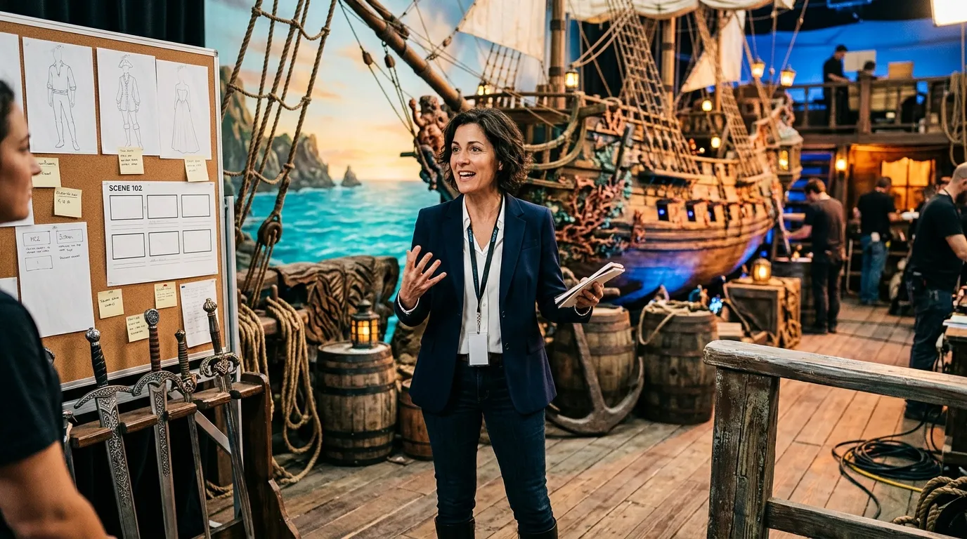 Femme présentant un projet de film sur un navire pirate