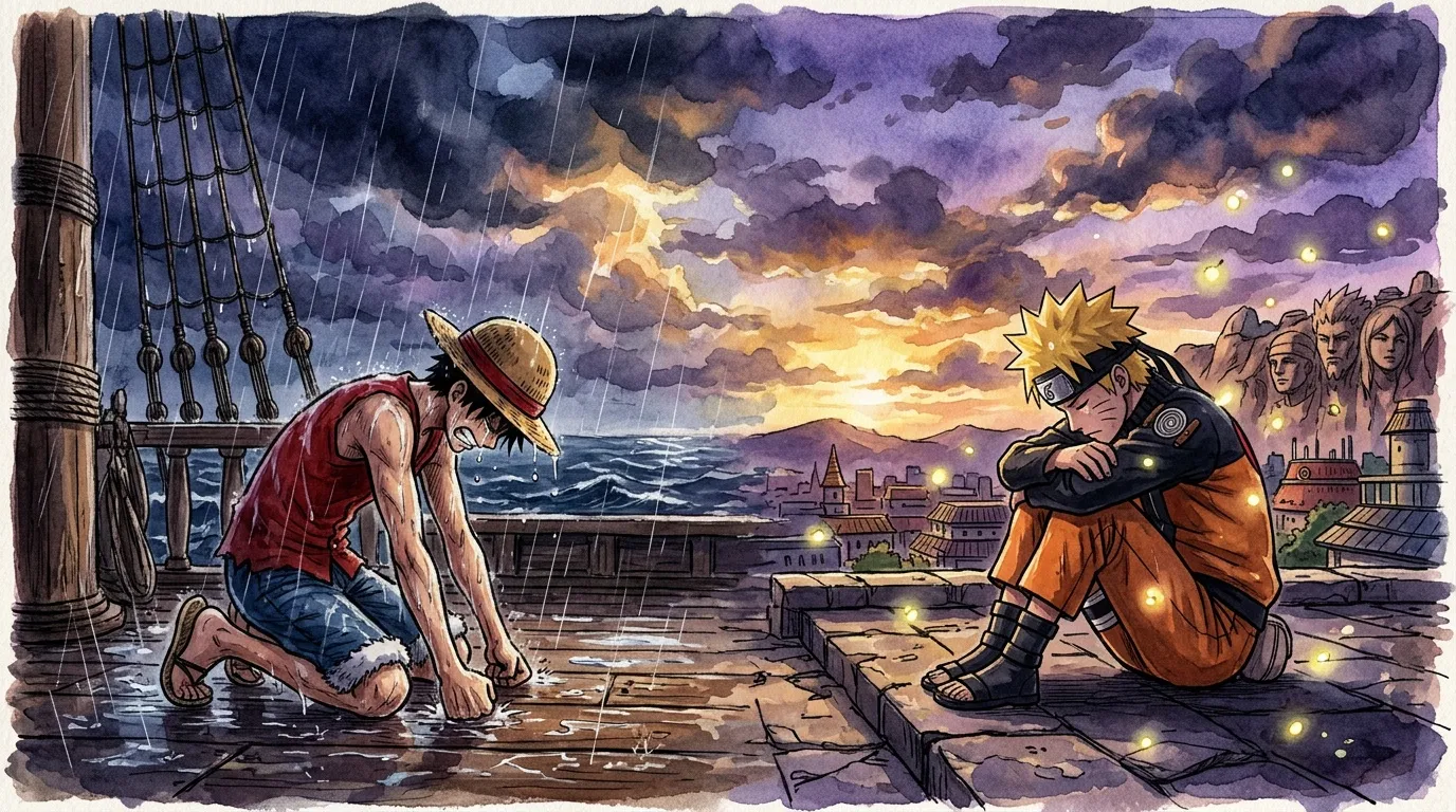 Deux personnages se retrouvent sous la pluie au coucher de soleil