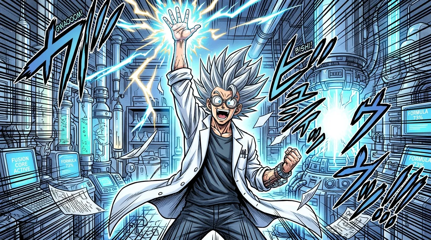 Chercheur en blouse blanche libère puissance électrique futuriste