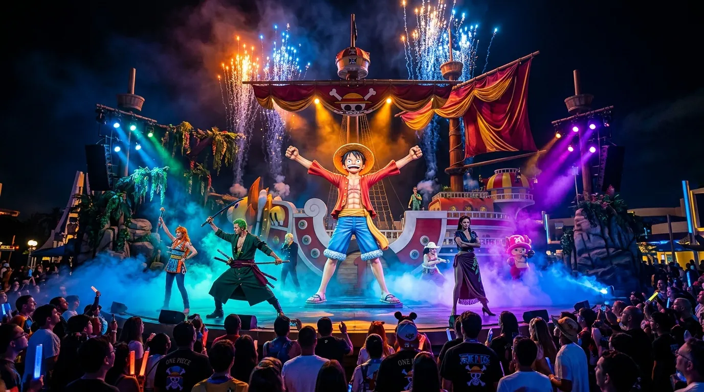 Luffy sur scène avec personnages et feux d'artifice