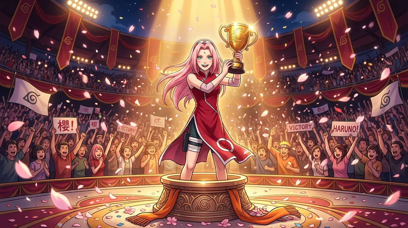 Femme avec cheveux roses brandissant un trophée doré devant une foule