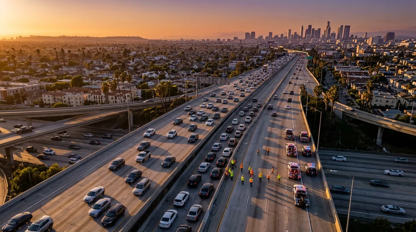 Autoroute congestion véhicules Los Angeles coucher soleil