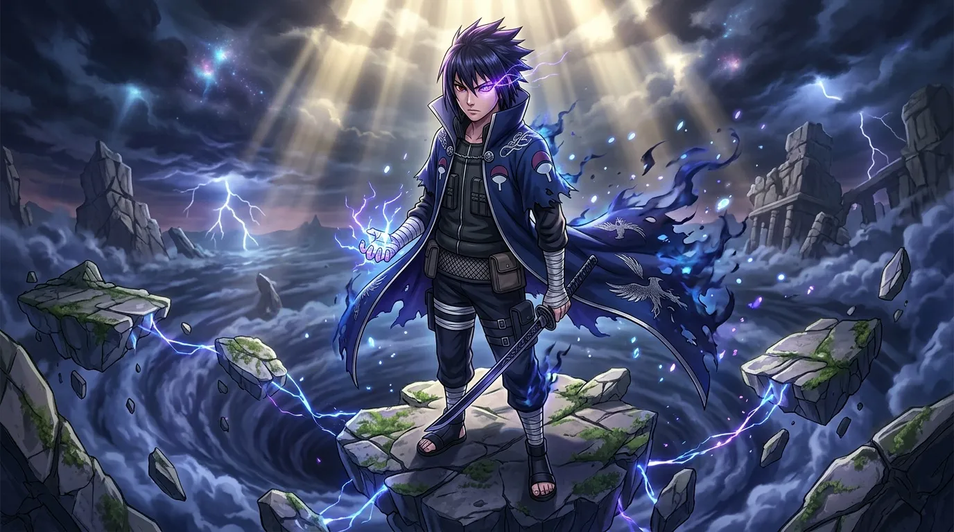 Jeune ninja aux pouvoirs électriques bleus dans paysage post-apocalyptique