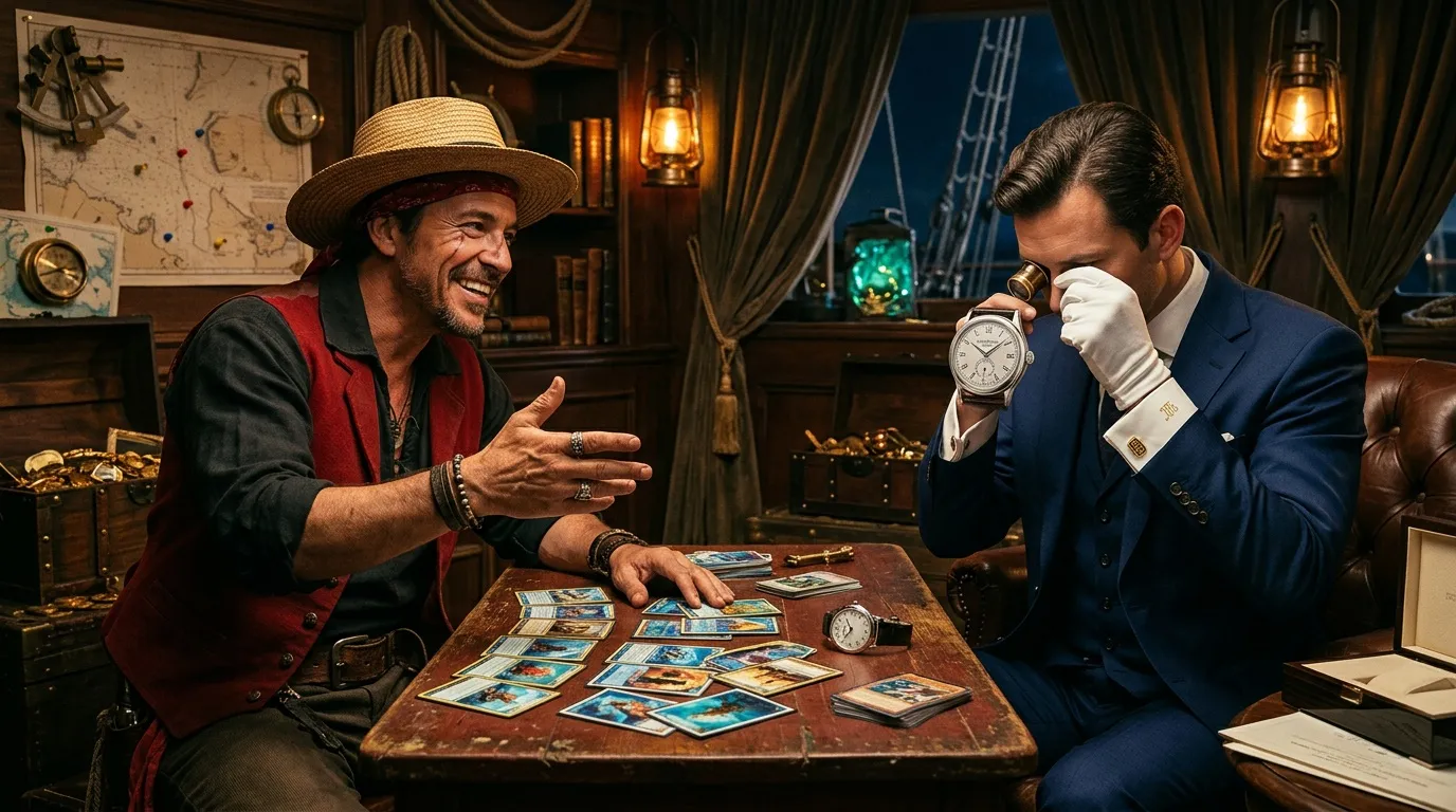Un voyant lit les cartes de tarot à un homme en costume bleu.