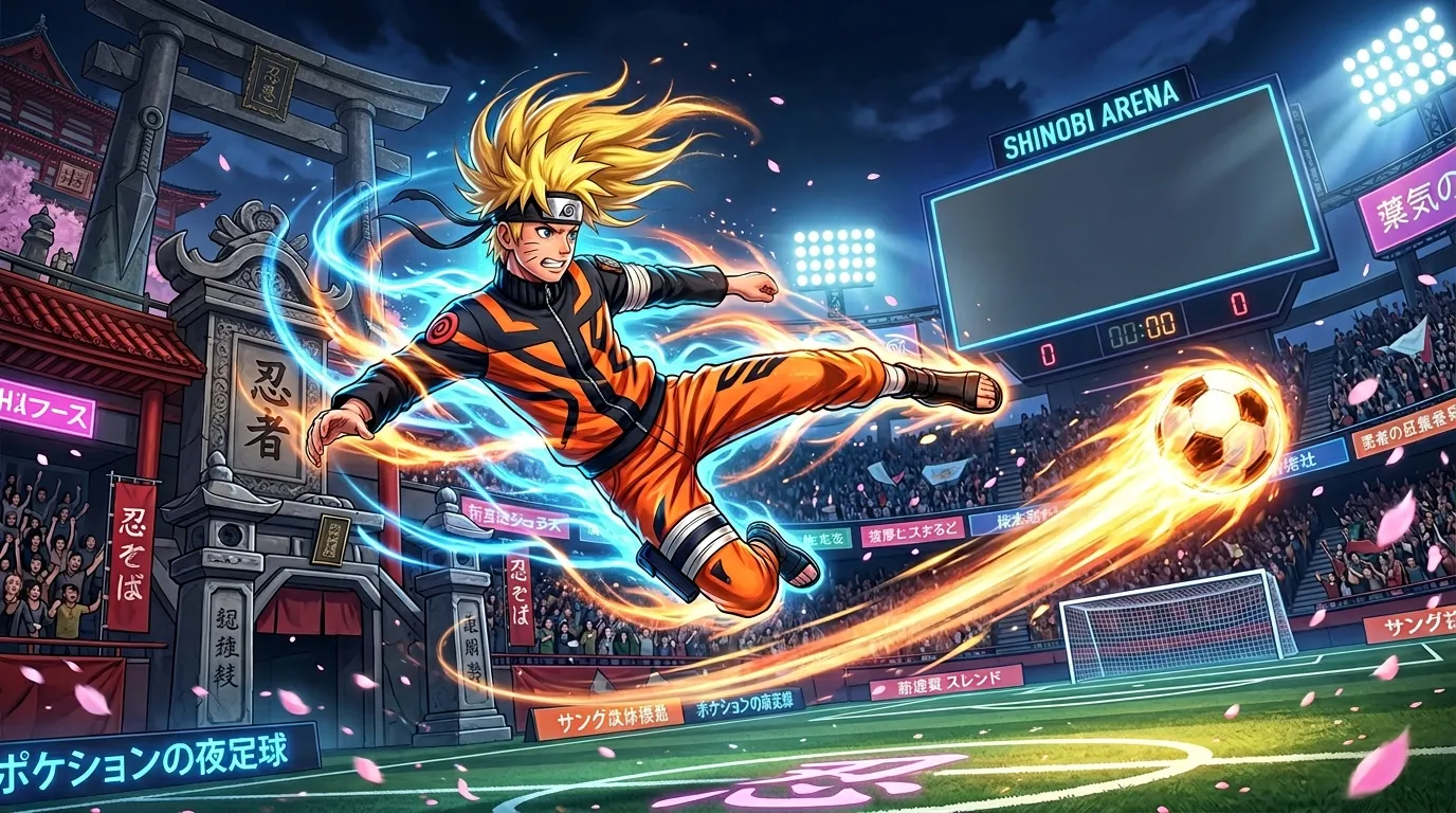 Anime ninja player kicks flaming soccer ball in stadium
